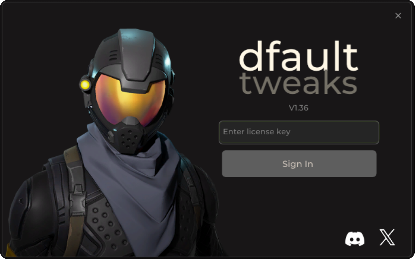 The Dfault Tweaks app, showing its licence key sign-in screen